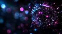 Glowing network sphere with connected dots and lines in blue and purple colors against dark background with bokeh lights creates futuristic atmosphere.