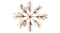 Delicate brown watercolor snowflake with translucent leaf-like petals radiating from center in symmetrical pattern on white background, isolated for winter designs.