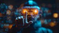 Futuristic digital interface concept with hand touching virtual screen, glowing circuit patterns and bokeh lights in blue and orange tones, perfect for technology and innovation themes.