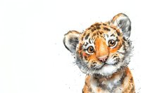 Watercolor baby tiger cub portrait with expressive eyes and orange-brown stripes on white background, artistic wildlife illustration for nursery decor.