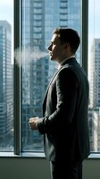 Confident businessman in suit standing by office window overlooking city skyline, professional corporate executive contemplating future success.
