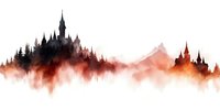 Mysterious gothic castle silhouette emerging from misty forest landscape in red and black watercolor style, creating atmospheric fantasy scene on white background.