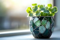 Fresh green succulent plant in decorative stained glass pot on windowsill with soft natural light, creating serene home decor atmosphere.