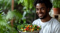 Young African American man with natural hair smiling while holding colorful fresh vegetable salad bowl in green plant environment, wearing white t-shirt.