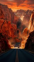 Straight asphalt road cutting through towering red rock canyon formations at dramatic sunset, with vehicle traveling through desert landscape under golden orange sky and atmospheric dust.