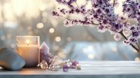 Serene wellness scene with glowing candle, amethyst crystals, and blooming cherry blossom branch on white wooden surface against soft bokeh background.