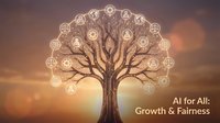 AI technology tree with glowing circuit symbols at sunset representing artificial intelligence growth, machine learning development and digital innovation fairness.