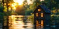 Miniature wooden house with glowing windows in water at sunset, creating magical atmosphere for architectural photography.