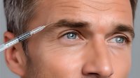 Mature man with blue eyes receiving cosmetic injection in forehead area for wrinkle reduction treatment, close-up view of anti-aging procedure.