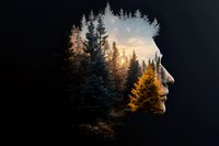 Double exposure profile silhouette blending with autumn forest landscape at sunset, pine trees and golden sunlight creating surreal artistic portrait.