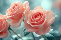 Delicate coral pink roses with morning dew drops against soft turquoise background create dreamy romantic mood for wedding and celebration designs.