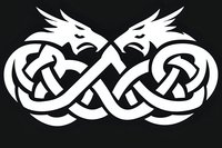 White celtic dragon infinity symbol with mythical creatures and traditional knotwork pattern on black background, isolated design element for tattoo art.