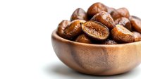 Dried figs in wooden bowl on white background, nutritious Mediterranean fruit snack rich in fiber and natural sweetness.