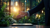 Businessman in formal suit reaching hand toward lush green plants in modern office with warm sunset bokeh lights in background.