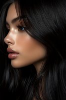 Profile view of young woman with glossy black hair, dewy skin, and glossy lips against dark background. Perfect for beauty and cosmetic advertising.