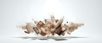 Explosive wooden blocks breaking apart with dynamic motion and debris scattered in mid-air against clean white background for creative design projects.