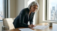 Professional mature Caucasian businesswoman with silver hair writing documents at modern office desk near window with city view for corporate presentations.