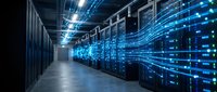 Modern data center with server racks and glowing blue digital network connections, representing cloud computing, cybersecurity, and IT infrastructure for enterprise technology solutions.