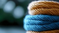 Vibrant blue and orange twisted cotton rope macro shot with soft bokeh background showing detailed fiber texture and weave pattern for craft and nautical designs.