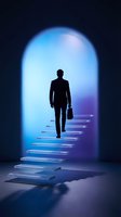 Silhouette of male professional in dark suit walking up floating steps toward glowing archway, representing career advancement, success, and business growth opportunities.