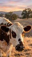 Brown and white cow closeup in golden sunset light on a dry grass pasture with oak trees and colorful sky in background.