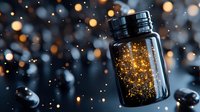 Magical glowing jar with golden sparkles and lights floating in dark atmosphere against blurred bokeh background, creating mystical ambiance.