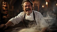 Middle-aged Hispanic male chef in white uniform and brown apron laughing while cooking in rustic restaurant kitchen with steam rising from pan, warm ambient lighting.