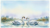 Two white swans forming a heart shape with their necks on calm water surrounded by reeds and misty landscape, symbolizing love and romance for wedding and nature designs.