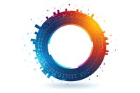Colorful circular abstract technology ring with gradient spectrum from blue to orange and digital elements radiating from the center on white background.