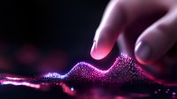 Digital particle wave visualization with finger interaction in purple and pink neon colors against dark background, showing technology data flow concept.