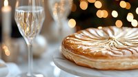 Festive galette des rois traditional French epiphany cake with flaky puff pastry layers and golden brown top served with champagne against blurred holiday lights.