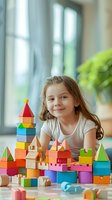 Young girl with long hair playing with colorful wooden building blocks, creating castle structures in bright home environment with natural light.