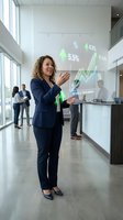 Woman in navy business suit presenting financial growth charts with green upward trending arrows and percentage data on transparent display in modern office corridor with colleagues in background.