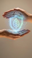 Hands holding glowing neon shield with leaf icon, representing environmental protection, sustainability, and eco-friendly technology concepts for green business and nature conservation.