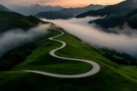 Winding mountain road curves through green hills with morning fog and dramatic sunrise sky creating scenic landscape for travel and adventure concepts.