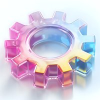 Colorful glass gear wheel with rainbow gradient effect and transparent crystalline structure on light background, isolated object for design projects.
