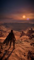 Lone explorer stands on alien desert planet watching binary sunset over rocky canyon landscape with orange and purple atmospheric glow for sci-fi concepts.