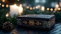 Vintage ornate jewelry box with golden snowflake pattern captured in moody winter setting with bokeh lights, pine cones and glowing candles creating cozy festive atmosphere.