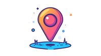 Vibrant gradient location pin marker floating above blue puddle with reflective surface, surrounded by colorful dots and sparkles on white background.