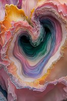 Abstract heart-shaped geode formation with layered pink, green, and purple crystalline patterns, featuring delicate mineral textures and natural gradient colors.
