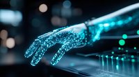 Futuristic glowing digital hand reaching towards technological interface with blue light particles and bokeh effects in dark background. For AI and innovation concepts.