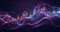 Digital data visualization with glowing purple and pink wave patterns, financial charts and analytics graphs on dark background for business presentations.