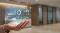 Businesswoman holding holographic data analytics dashboard with charts and graphs in modern office environment for business intelligence solutions.