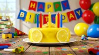 Yellow lemon birthday cake with colorful candles on wooden table, festive party decorations, balloons, and happy birthday banner in background.