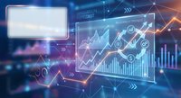 Digital business analytics dashboard with financial charts, graphs and data visualization interface for market research and investment forecasting.
