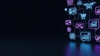 Digital technology icons glowing in neon blue and purple colors on dark background for business presentations and marketing materials.