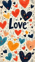 Romantic pattern with navy blue, coral red, and orange hearts on light background with love lettering. Seamless repeat design for valentines cards and gift wrap.