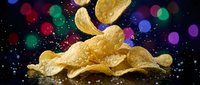 Golden potato chips falling and stacking with colorful bokeh lights on dark background for snack food advertising and party celebration concepts.
