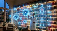 Medical professional analyzing holographic health data displays in futuristic digital healthcare laboratory environment with anatomical visualizations.