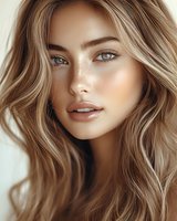 Close up portrait of young woman with natural makeup, freckles, wavy brown hair and blue eyes looking at camera with gentle expression. Soft beauty lighting.